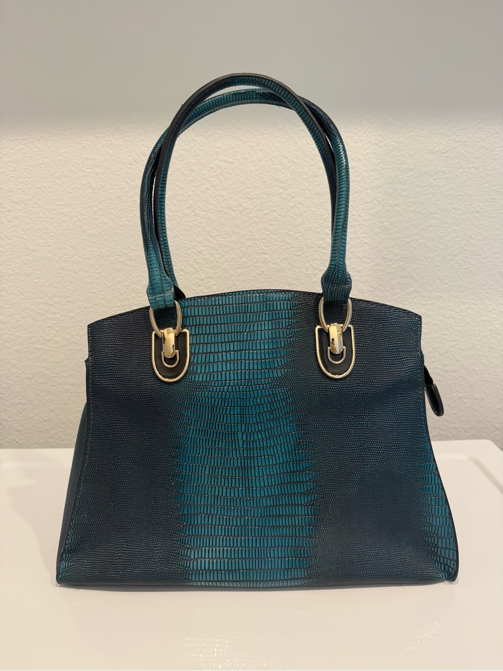 Teal and Black Lizard Embossed Women's Leather Handbag